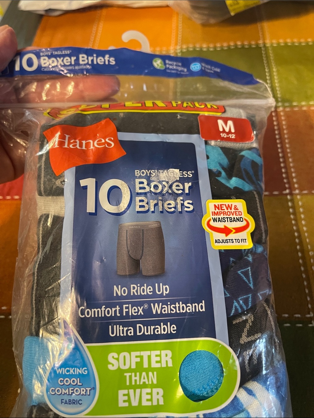 Hanes Boys' 10-Pack Boxer Briefs - Blue & Black Patterns (M)